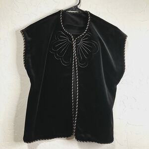 Vtg Black Velvet Vest M Metallic Sheen Rope Trim Embroidery